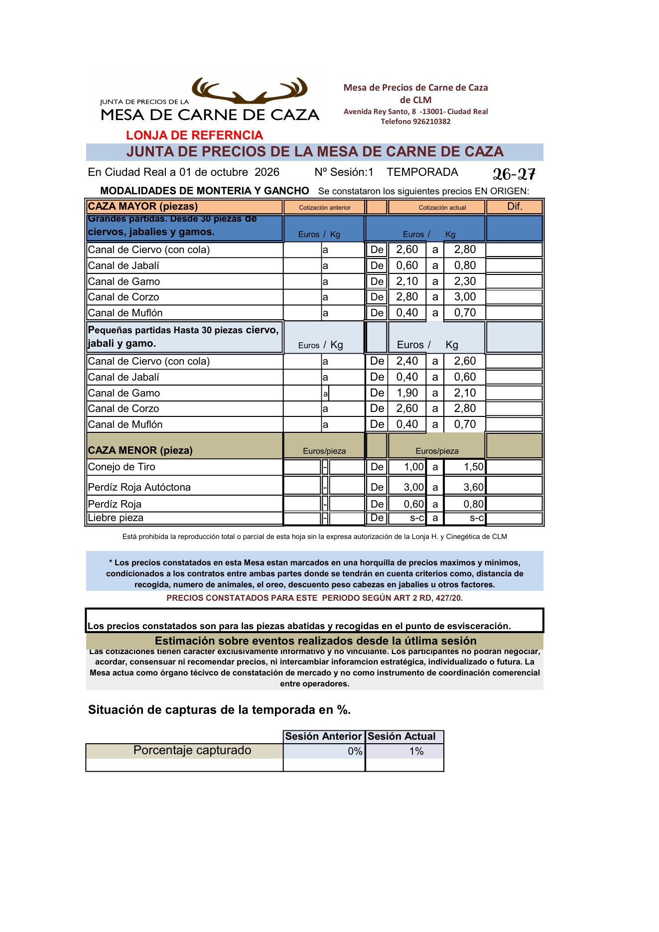 Precios carne de caza Ciudad Real 01 de octubre 2026