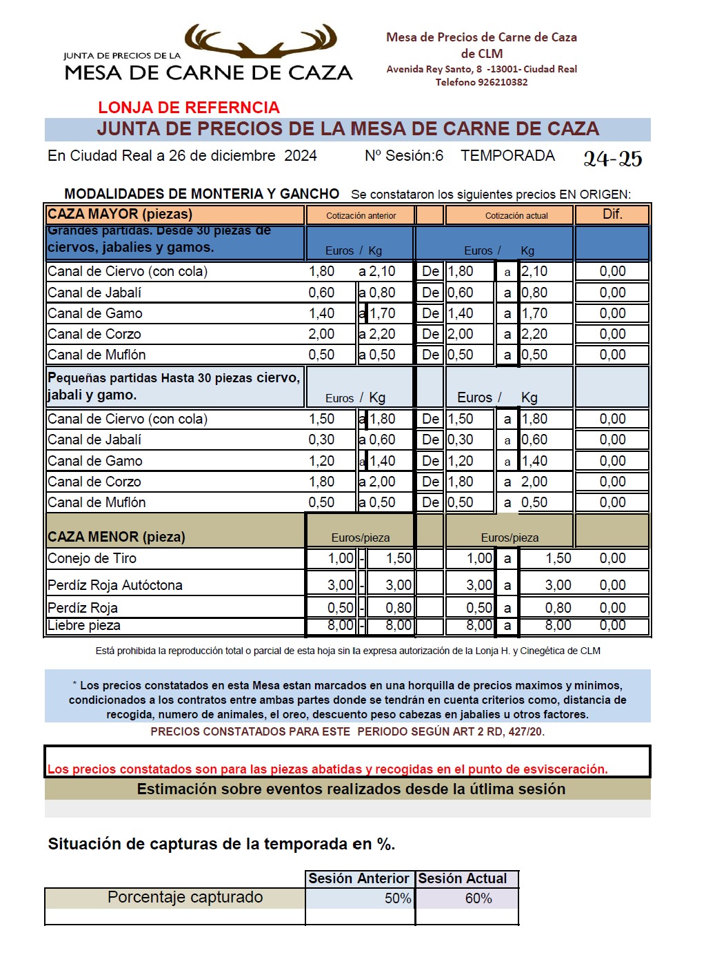 Tabla de precios carne caza 26.12.24